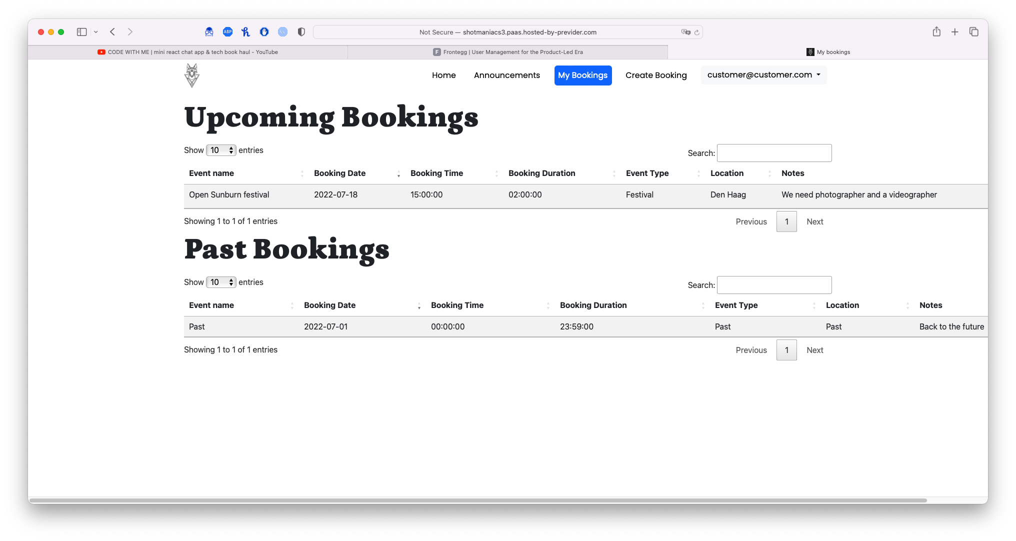 My bookings page